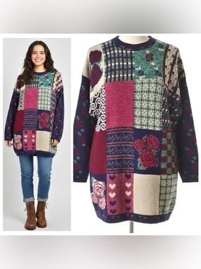 Vintage 90s Patchwork Grannycore Colorful Statement Sweater Made in USA Size Med